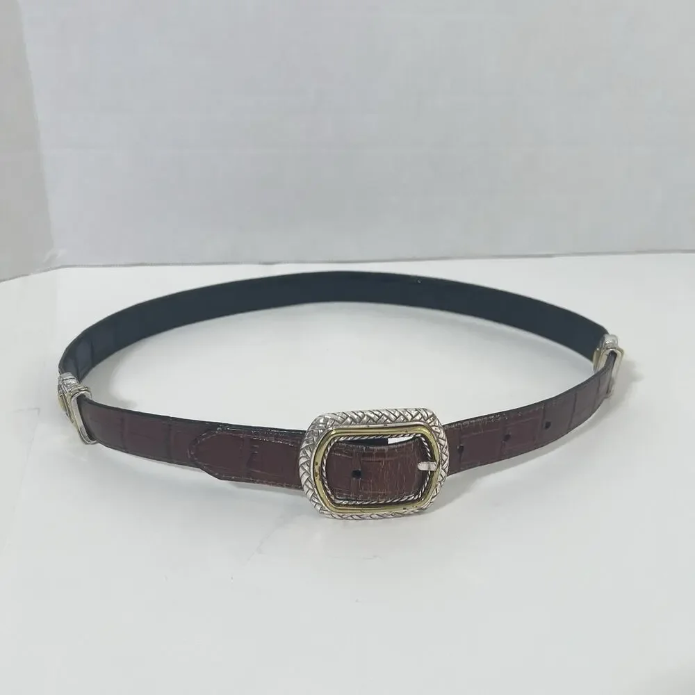Brighton Reversible Black Brown Leather Croc Belt Size 32 Silver Gold Buckle